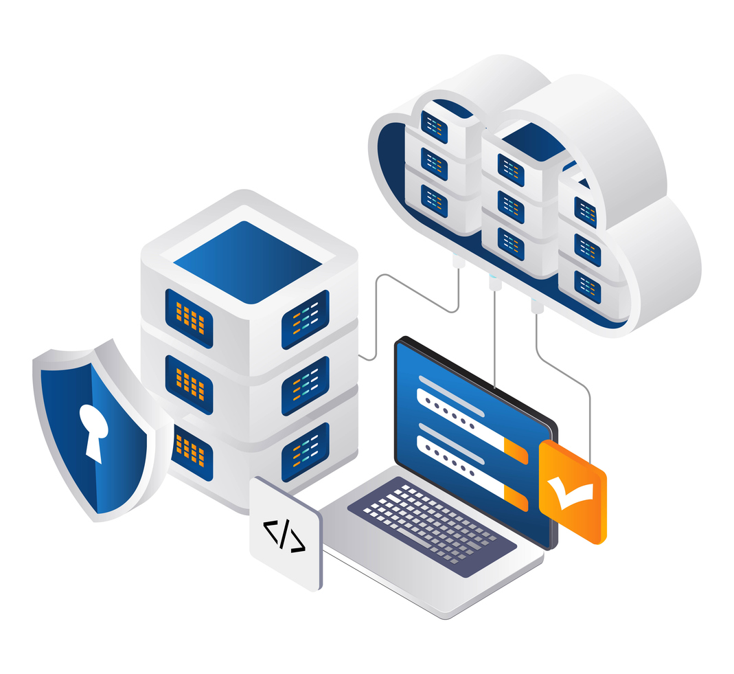 Illustration of a laptop sign-in screen connected to cloud mail servers, with a shield and keyhole representing secure authentication.