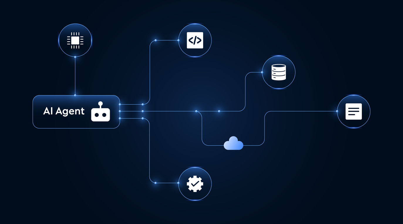 AI agent icon connected by lines to icons for code, a database, cloud storage and settings