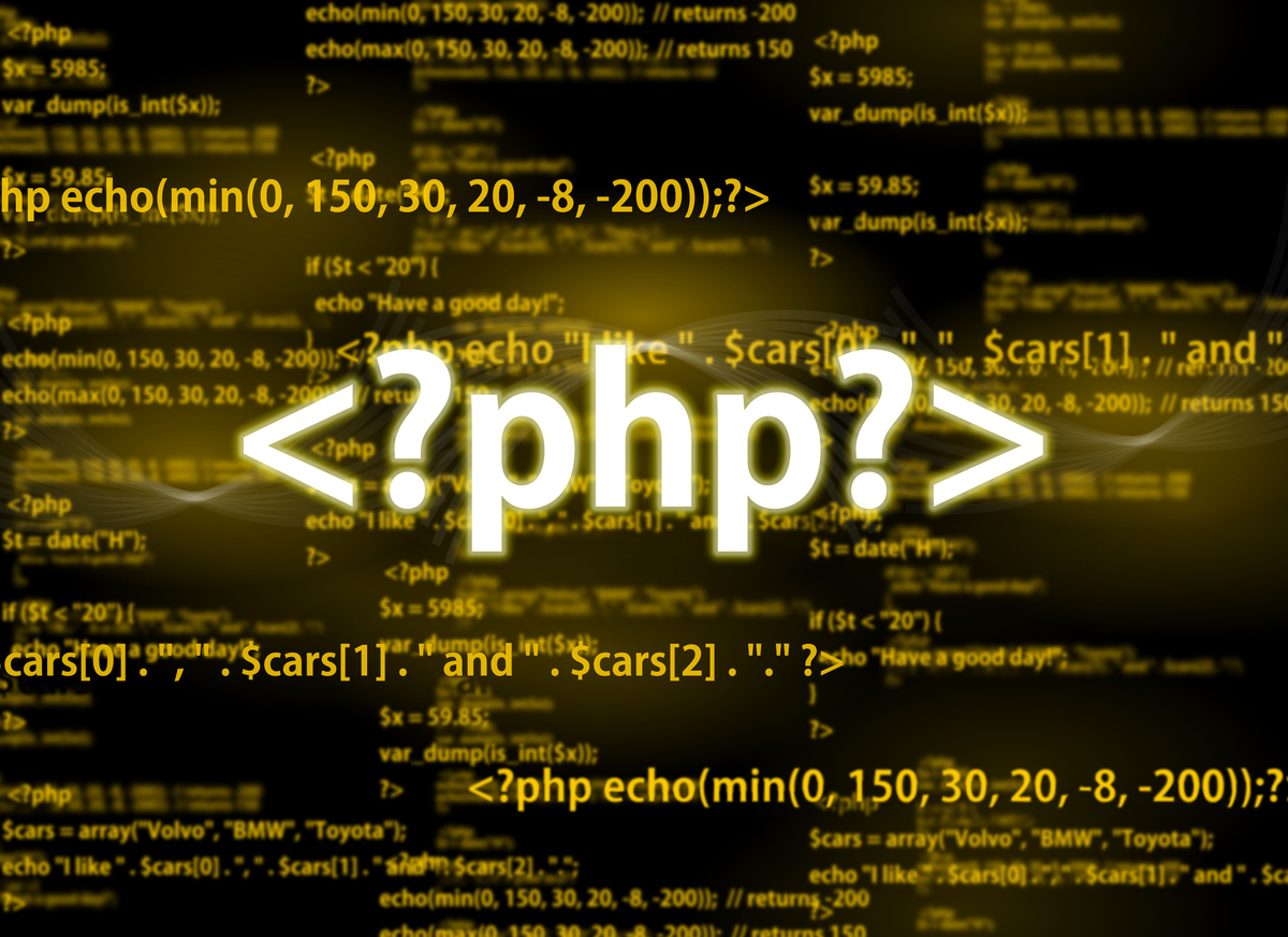 PHP opening tag over blurred lines of PHP code on a dark background.