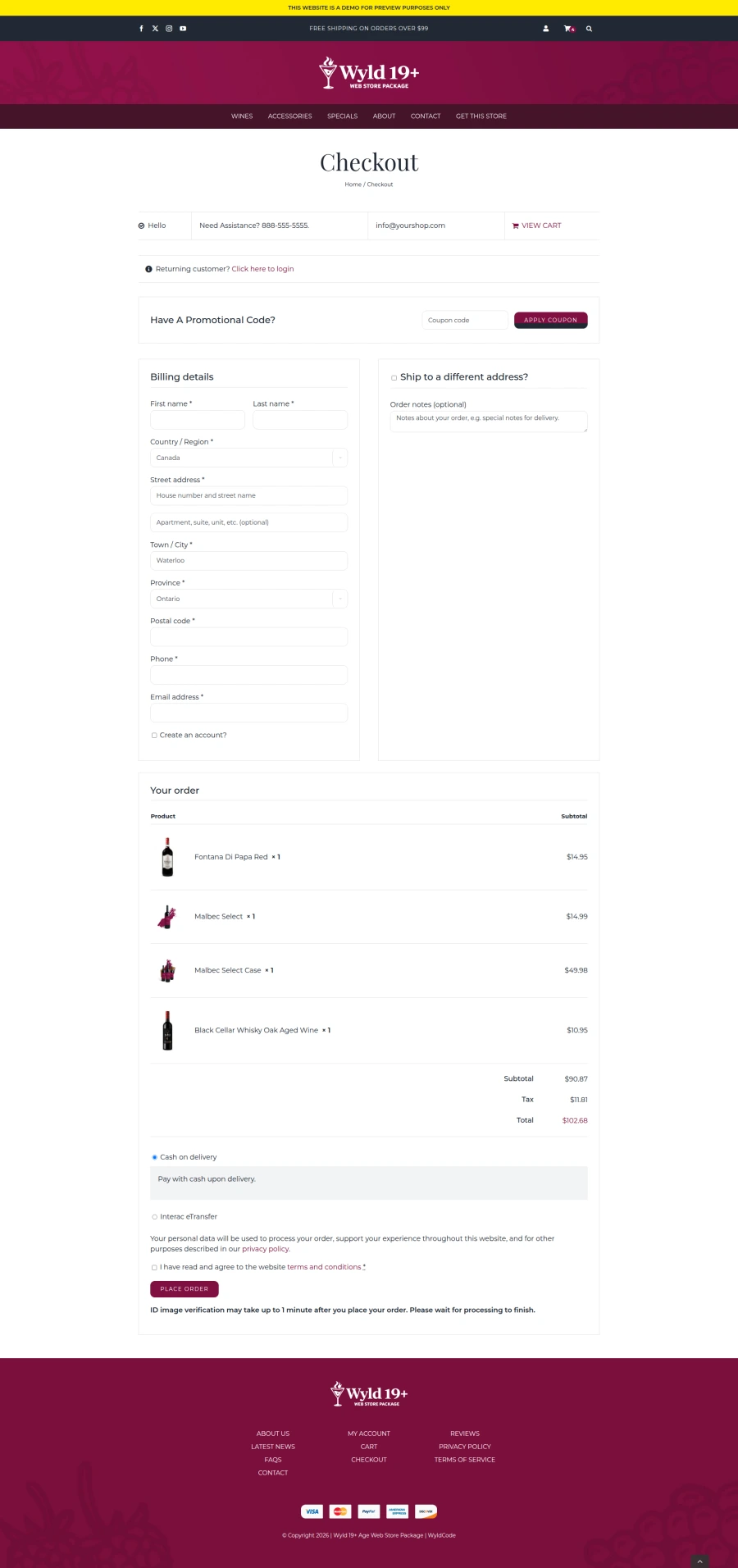 Checkout page with payment and billing fields